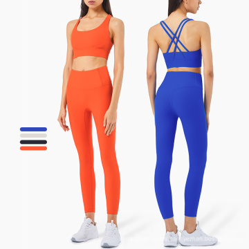 New Design Gym Wear Sets Women Quick Dry Workout 2 Piece Sport Set Back Cross Ribbed Seamless Yoga Set